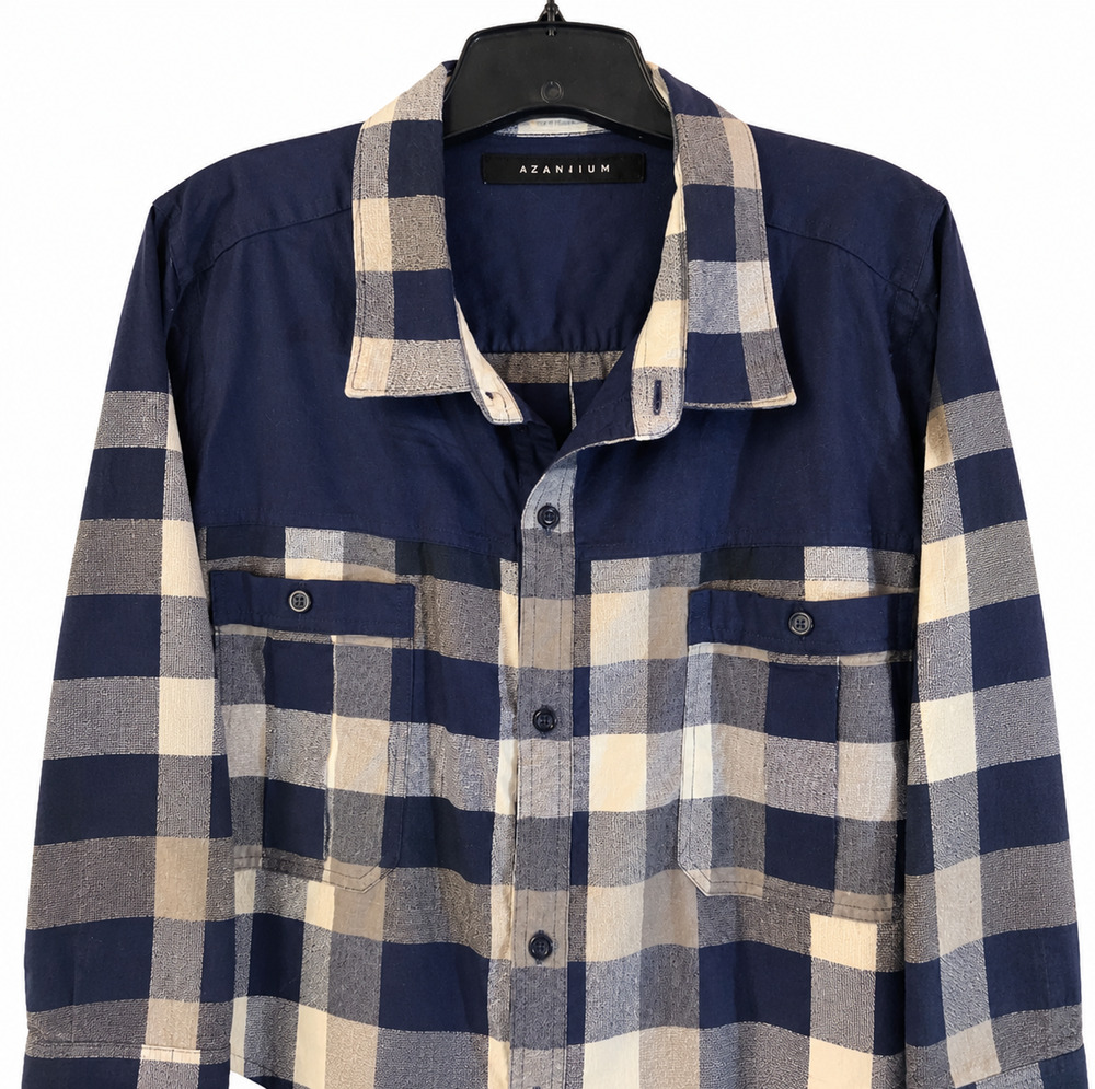 Sean John Button Up Shirt Long Sleeve Mens 4XB Blue Gray Plaid Big Tall Casual